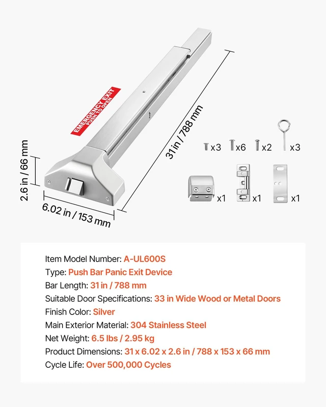 Alt view image 7 of 8 - VEVOR Push Bar Panic Exit Device, 31" Stainless Steel Commercial Panic Bar for Exit Doors, Emergency Exit Door Hardware with Dual Locking Bolt and Sticker, for 31"-46" Wood or Metal Door, Silver