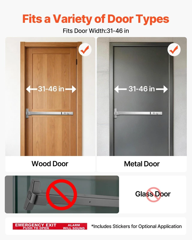 Alt view image 2 of 8 - VEVOR Push Bar Panic Exit Device, 31" Stainless Steel Commercial Panic Bar for Exit Doors, Emergency Exit Door Hardware with Auto Alarm System and Sticker, for 31"-46" Wood or Metal Door, Silver
