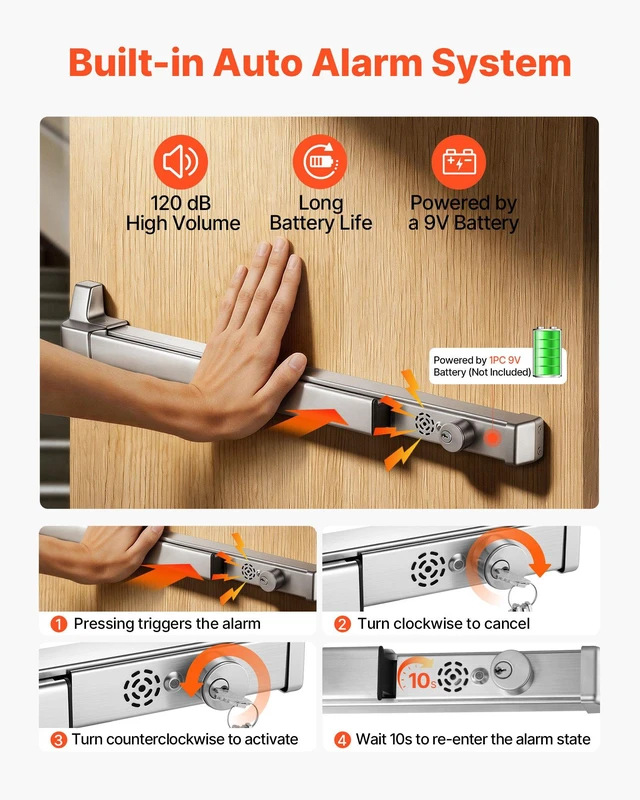 Alt view image 3 of 8 - VEVOR Push Bar Panic Exit Device, 31" Stainless Steel Commercial Panic Bar for Exit Doors, Emergency Exit Door Hardware with Auto Alarm System and Sticker, for 31"-46" Wood or Metal Door, Silver
