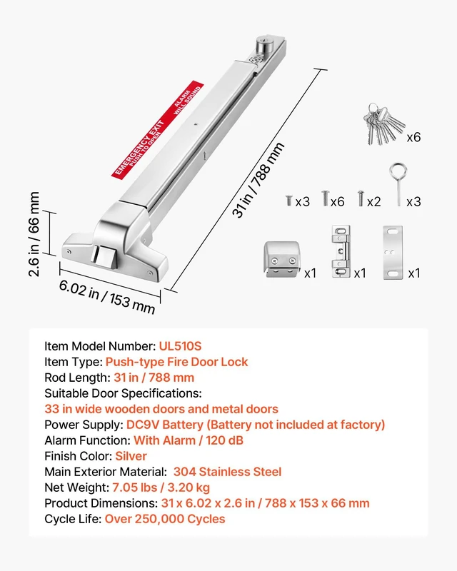 Alt view image 7 of 8 - VEVOR Push Bar Panic Exit Device, 31" Stainless Steel Commercial Panic Bar for Exit Doors, Emergency Exit Door Hardware with Auto Alarm System and Sticker, for 31"-46" Wood or Metal Door, Silver