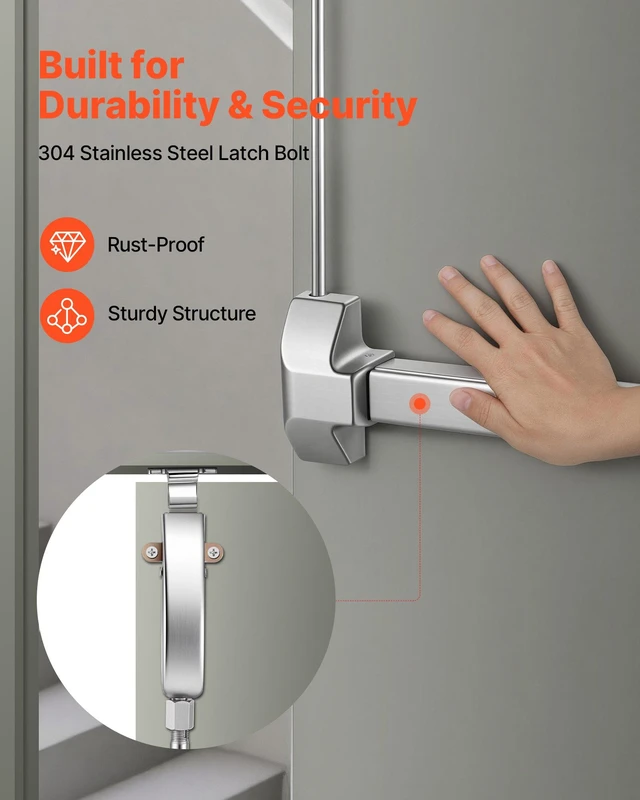 Alt view image 3 of 8 - VEVOR Push Bar Panic Exit Device, 28" Stainless Steel Commercial Panic Bar for Exit Doors, Emergency Exit Door Hardware with Vertical Top Rod and Sticker, for 28"-41" Wood or Metal Door, Silver