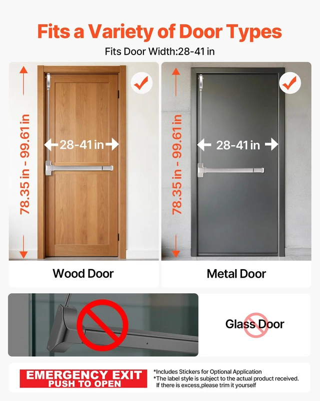 Alt view image 2 of 8 - VEVOR Push Bar Panic Exit Device, 28" Stainless Steel Commercial Panic Bar for Exit Doors, Emergency Exit Door Hardware with Vertical Top Rod and Sticker, for 28"-41" Wood or Metal Door, Silver