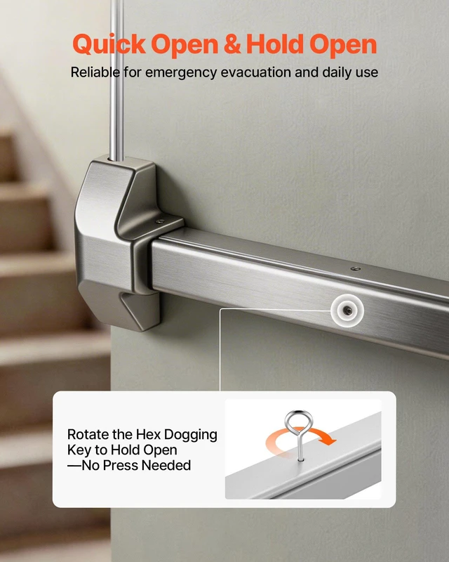 Alt view image 5 of 8 - VEVOR Push Bar Panic Exit Device, 28" Stainless Steel Commercial Panic Bar for Exit Doors, Emergency Exit Door Hardware with Vertical Top Rod and Sticker, for 28"-41" Wood or Metal Door, Silver