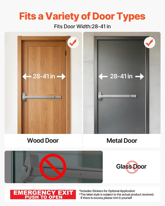 Alt view image 2 of 8 - VEVOR Push Bar Panic Exit Device, 28" Premium Metal Commercial Panic Bar for Exit Doors, Emergency Exit Door Hardware with Warning Sticker, Easy Installation, for 28"-41" Wood or Metal Door, Silver