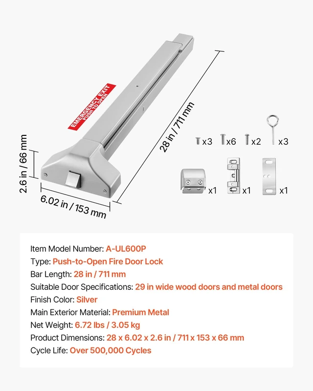 Alt view image 7 of 8 - VEVOR Push Bar Panic Exit Device, 28" Premium Metal Commercial Panic Bar for Exit Doors, Emergency Exit Door Hardware with Warning Sticker, Easy Installation, for 28"-41" Wood or Metal Door, Silver