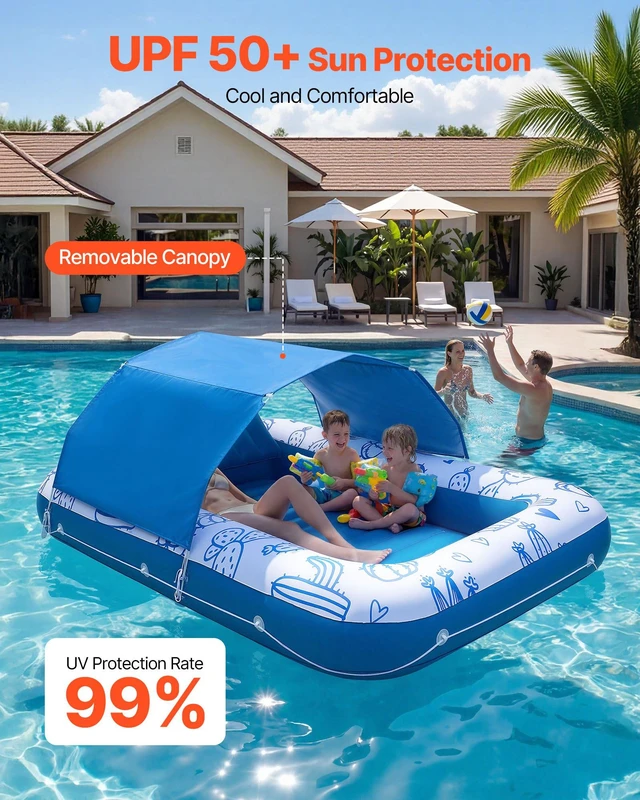 Alt view image 2 of 8 - VEVOR Inflatable Pool Float with UPF 50+ Canopy, 82" x 55" Large Tanning Pool Floating Lounger for Adults, 550LBS Capacity Sunbathing Lounger Floaties with Pillow, Phone & Cup Holder for Water Fun