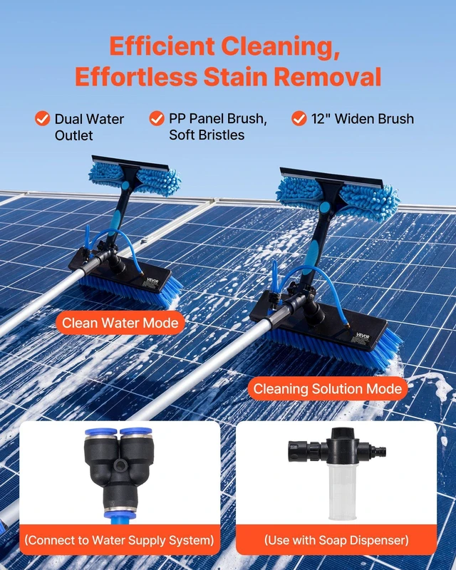 Alt view image 2 of 8 - VEVOR Solar Panel Cleaning Kit, 39 ft, Water Fed Pole Kit with Cleaning Brush, Soap Dispenser, Extendable Aluminum Telescopic Pole, 180° Rotatable Brush Head, for Roof Mounted Solar Panels, Windows