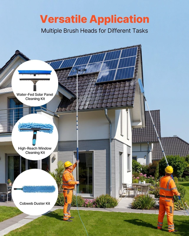 Alt view image 3 of 8 - VEVOR Solar Panel Cleaning Kit, 26 ft, Water Fed Pole Kit with Cleaning Brush, Squeegee, Soap Dispenser, Extendable Aluminum Telescopic Pole, 180° Rotatable Brush Head, for Roof Mounted Solar Panels