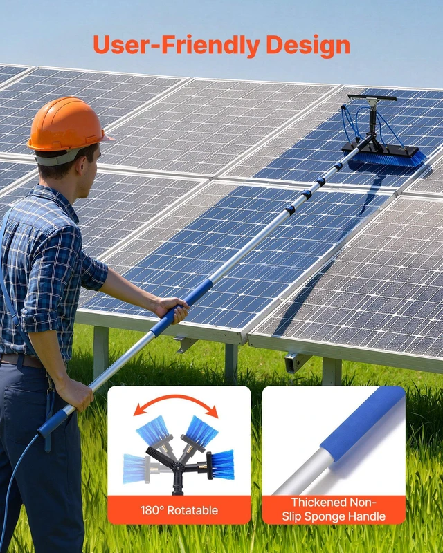 Alt view image 6 of 8 - VEVOR Solar Panel Cleaning Kit, 26 ft, Water Fed Pole Kit with Cleaning Brush, Squeegee, Soap Dispenser, Extendable Aluminum Telescopic Pole, 180° Rotatable Brush Head, for Roof Mounted Solar Panels