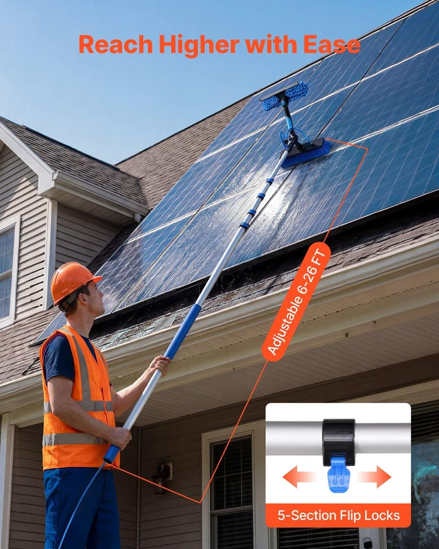 Alt view image 4 of 8 - VEVOR Solar Panel Cleaning Kit, 26 ft, Water Fed Pole Kit with Cleaning Brush, Soap Dispenser, Extendable Aluminum Telescopic Pole, 180° Rotatable Brush Head, for Roof Mounted Solar Panels, Windows