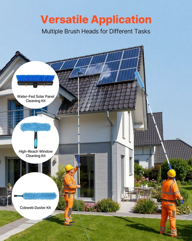 Alt view image 3 of 8 - VEVOR Solar Panel Cleaning Kit, 33 ft, Water Fed Pole Kit with Cleaning Brush, Soap Dispenser, Extendable Aluminum Telescopic Pole, 180° Rotatable Brush Head, for Roof Mounted Solar Panels, Windows