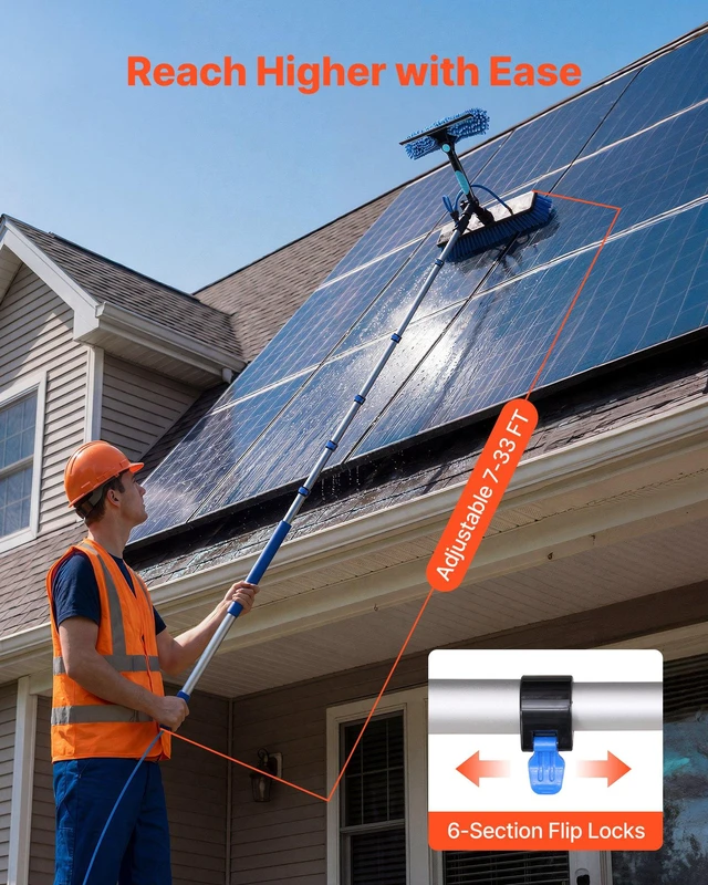 Alt view image 4 of 8 - VEVOR Solar Panel Cleaning Kit, 33 ft, Water Fed Pole Kit with Cleaning Brush, Soap Dispenser, Extendable Aluminum Telescopic Pole, 180° Rotatable Brush Head, for Roof Mounted Solar Panels, Windows