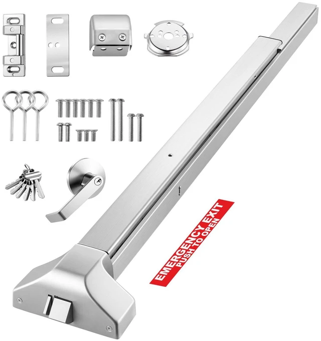 Main image of VEVOR Push Bar Panic Exit Device, 41" Stainless Steel Commercial Panic Bar for Exit Doors, Emergency Exit Door Hardware with Exterior Lever Handle and 6 Keys, for 41"-61" Wood or Metal Door, Silver