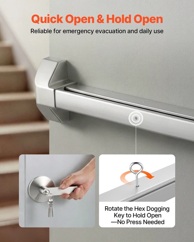 Alt view image 5 of 8 - VEVOR Push Bar Panic Exit Device, 41" Stainless Steel Commercial Panic Bar for Exit Doors, Emergency Exit Door Hardware with Exterior Lever Handle and 6 Keys, for 41"-61" Wood or Metal Door, Silver
