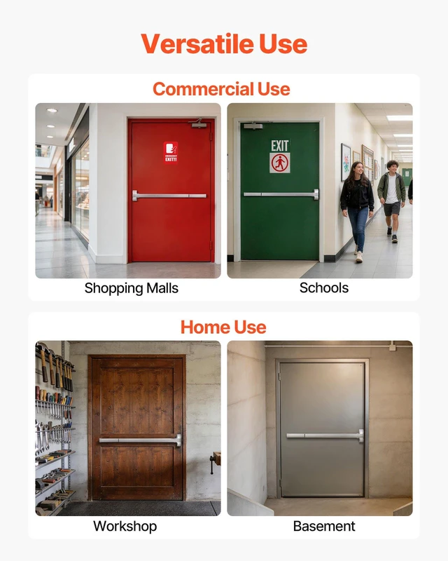Alt view image 6 of 8 - VEVOR Push Bar Panic Exit Device, 41" Stainless Steel Commercial Panic Bar for Exit Doors, Emergency Exit Door Hardware with Exterior Lever Handle and 6 Keys, for 41"-61" Wood or Metal Door, Silver