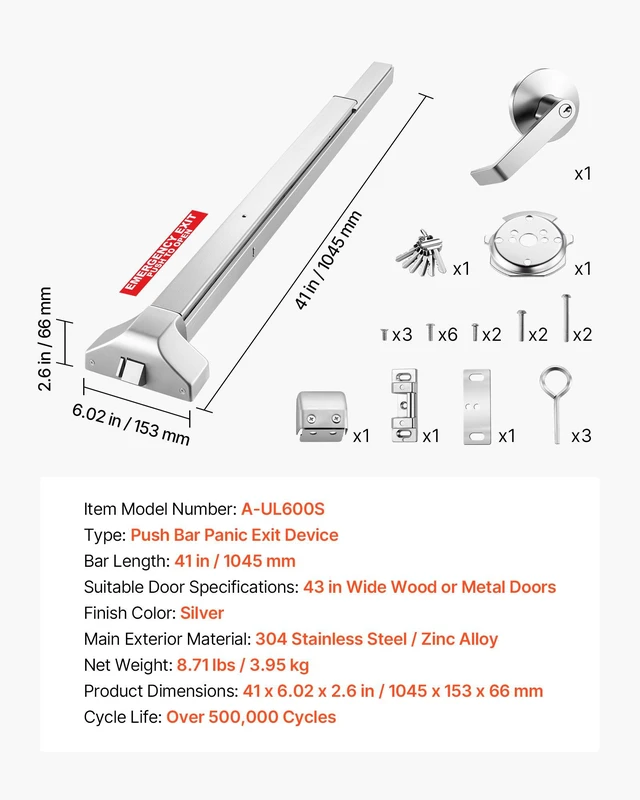 Alt view image 7 of 8 - VEVOR Push Bar Panic Exit Device, 41" Stainless Steel Commercial Panic Bar for Exit Doors, Emergency Exit Door Hardware with Exterior Lever Handle and 6 Keys, for 41"-61" Wood or Metal Door, Silver