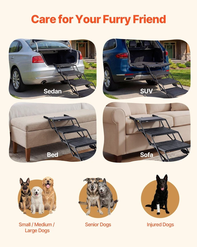 Alt view image 6 of 8 - VEVOR Dog Stairs for Car, 4 Steps Extra Wide Foldable Dog Ramp for Large Dogs with Non-Slip Surface, Portable Lightweight Pet Stairs Ladder for Car, SUV, Truck, High Bed, Sofa, Support up to 250 lbs