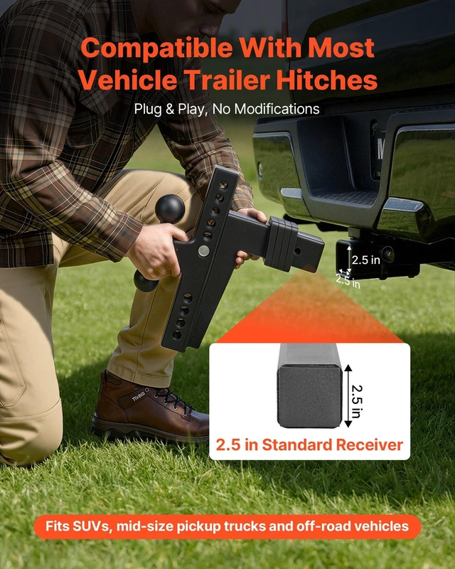 Alt view image 3 of 8 - VEVOR Adjustable Trailer Hitch, Fit 2.5 Inch Receiver, Trailer Hitch Mount with 2 Inch & 2-5/16 Inch Balls, 18500 lbs GTW, 10 Inch Drop, Towing Ball Mounts for RVs, Off-Road Vehicles and Trucks, Black
