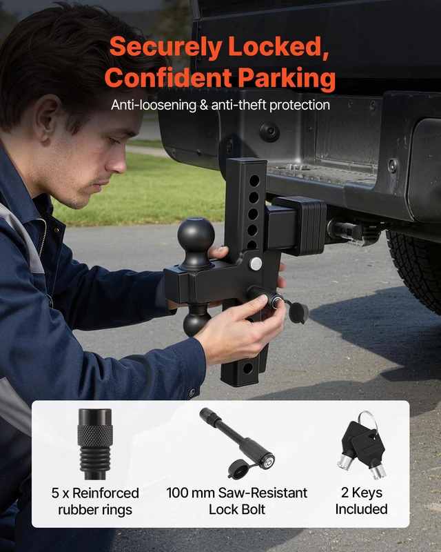 Alt view image 6 of 8 - VEVOR Adjustable Trailer Hitch, Fit 2.5 Inch Receiver, Trailer Hitch Mount with 2 Inch & 2-5/16 Inch Balls, 18500 lbs GTW, 10 Inch Drop, Towing Ball Mounts for RVs, Off-Road Vehicles and Trucks, Black