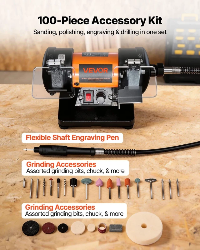 Alt view image 3 of 8 - VEVOR Bench Buffer Polisher, 8300-10600 RPM Adjustable Speed, Polishing & Buffing Machine with Grinding, Fiber, and Wool Wheels, 100-Piece Accessory Kit, for Jewelry, Wood, Metal, Raw Stone, Jade DIY