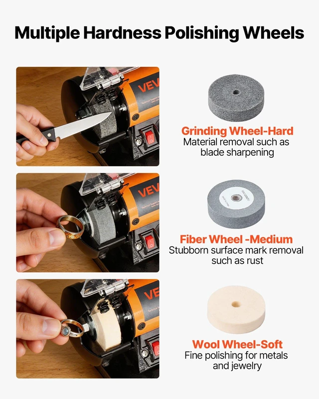 Alt view image 2 of 8 - VEVOR Bench Buffer Polisher, 8300-10600 RPM Adjustable Speed, Polishing & Buffing Machine with Grinding, Fiber, and Wool Wheels, 100-Piece Accessory Kit, for Jewelry, Wood, Metal, Raw Stone, Jade DIY