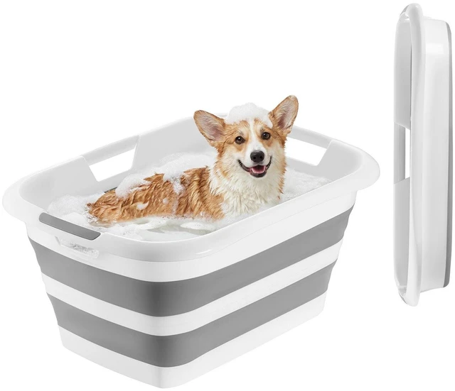 Main image of VEVOR Dog Bathtub, Collapsible Dog Bath Tub, Pet Bathing Grooming Wash Shower Station, Portable Space-saving & Stable Support, Built-In Drainage Hole for Small Pet Puppy Doggie Cat Outdoor, Gray White