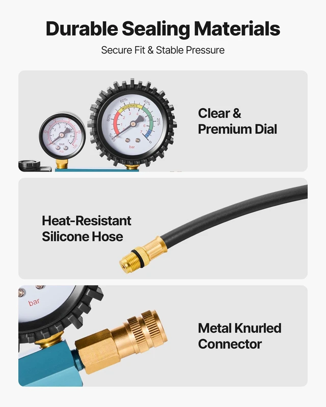 Alt view image 5 of 8 - VEVOR Engine Cylinder Compression Tester Kit, 0-700 PSI Pressure Gauge & 0-100 PSI Leak Gauge, Automotive Leak Down Tester Kit with 4 Adapters, Pressure Check & Leakage Rate Test on Cars, Motorcycles