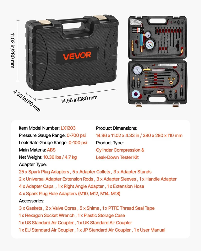 Alt view image 7 of 8 - VEVOR Engine Cylinder Compression Tester Kit, 0-700 PSI Pressure Gauge & 0-100 PSI Leak Gauge, Automotive Leak Down Tester Kit with 4 Adapters, Pressure Check & Leakage Rate Test on Cars, Motorcycles
