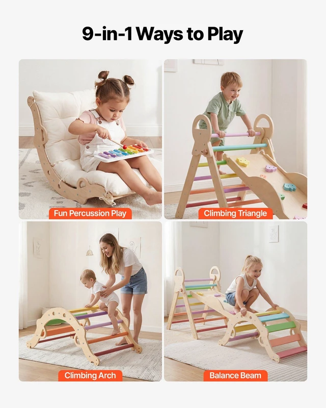 Alt view image 3 of 8 - VEVOR Pikler Triangle Set, 9-in-1 Toddler Climbing Toys Indoor, with Xylophone, Cushion, Triangle, Arch, and Ramp, 150 lbs Load, Foldable Montessori Climbing Set for Toddlers and Kids, Rainbow