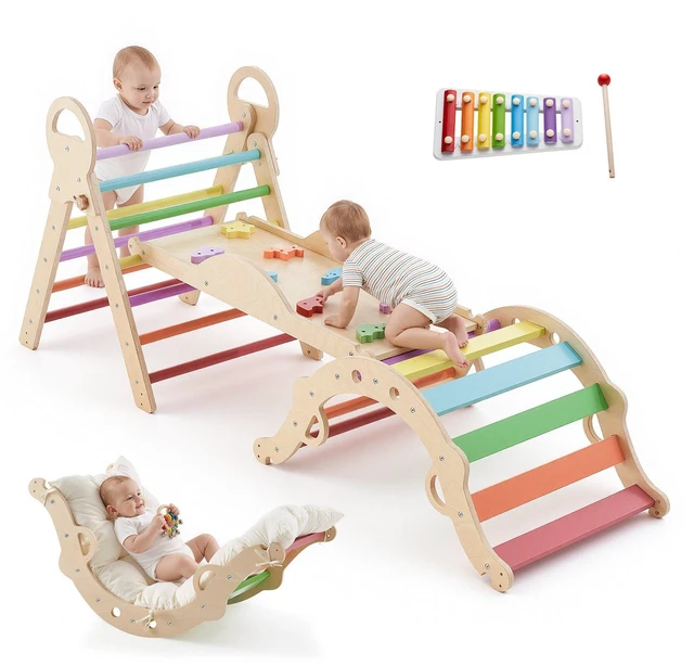 Main image of VEVOR Pikler Triangle Set, 9-in-1 Toddler Climbing Toys Indoor, with Xylophone, Cushion, Triangle, Arch, and Ramp, 150 lbs Load, Foldable Montessori Climbing Set for Toddlers and Kids, Rainbow