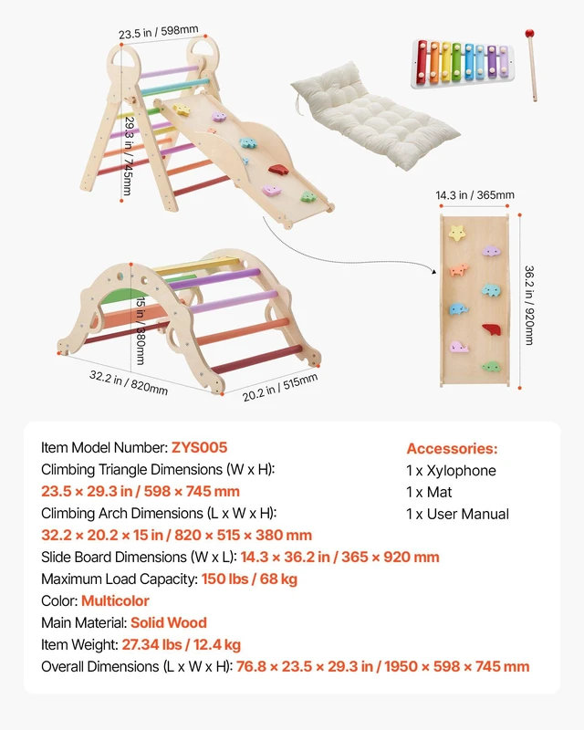 Alt view image 7 of 8 - VEVOR Pikler Triangle Set, 9-in-1 Toddler Climbing Toys Indoor, with Xylophone, Cushion, Triangle, Arch, and Ramp, 150 lbs Load, Foldable Montessori Climbing Set for Toddlers and Kids, Rainbow