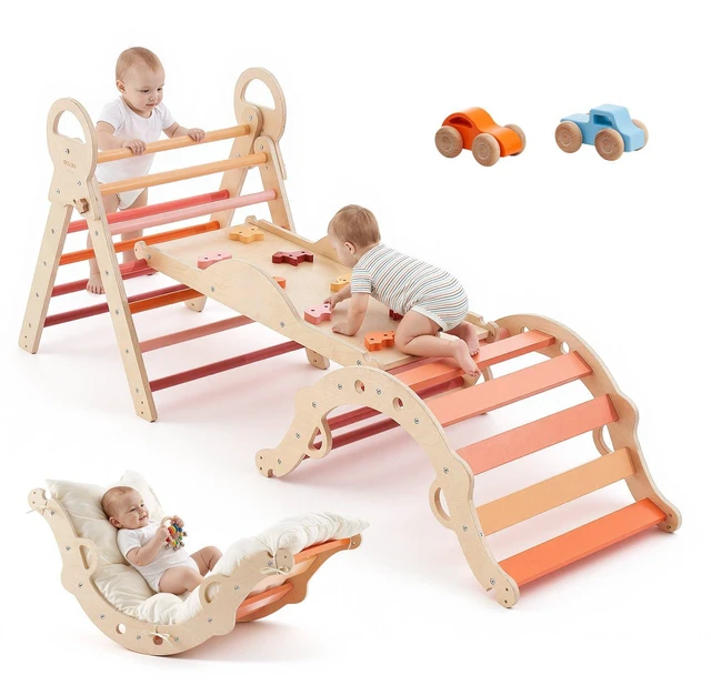 Main image of VEVOR Pikler Triangle Set, 9-in-1 Toddler Climbing Toys Indoor, with 2 Wooden Cars, Cushion, Triangle, Arch, and Ramp, 150 lbs Load, Foldable Montessori Climbing Set for Toddlers and Kids, Orange