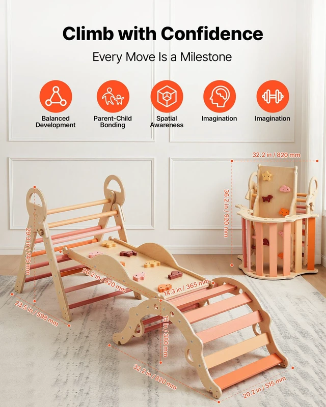 Alt view image 2 of 8 - VEVOR Pikler Triangle Set, 9-in-1 Toddler Climbing Toys Indoor, with 2 Wooden Cars, Cushion, Triangle, Arch, and Ramp, 150 lbs Load, Foldable Montessori Climbing Set for Toddlers and Kids, Orange