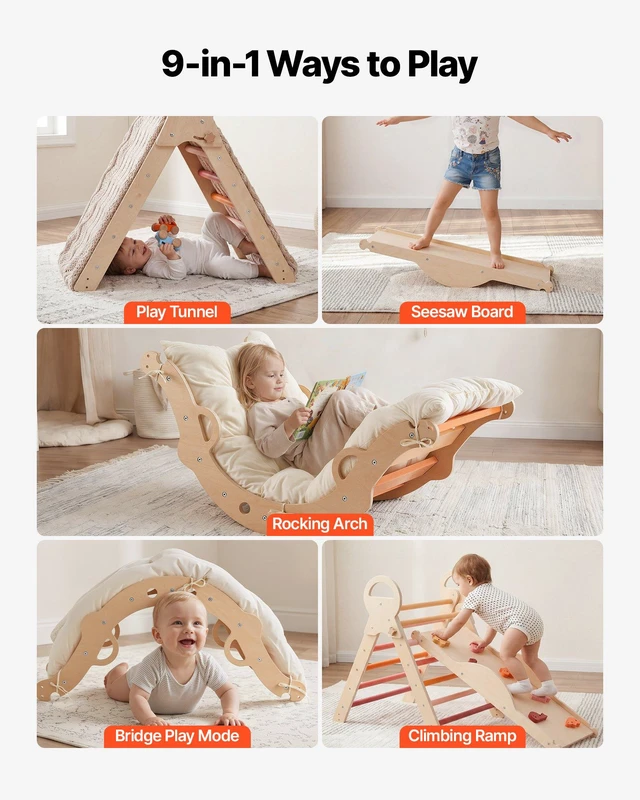 Alt view image 4 of 8 - VEVOR Pikler Triangle Set, 9-in-1 Toddler Climbing Toys Indoor, with 2 Wooden Cars, Cushion, Triangle, Arch, and Ramp, 150 lbs Load, Foldable Montessori Climbing Set for Toddlers and Kids, Orange