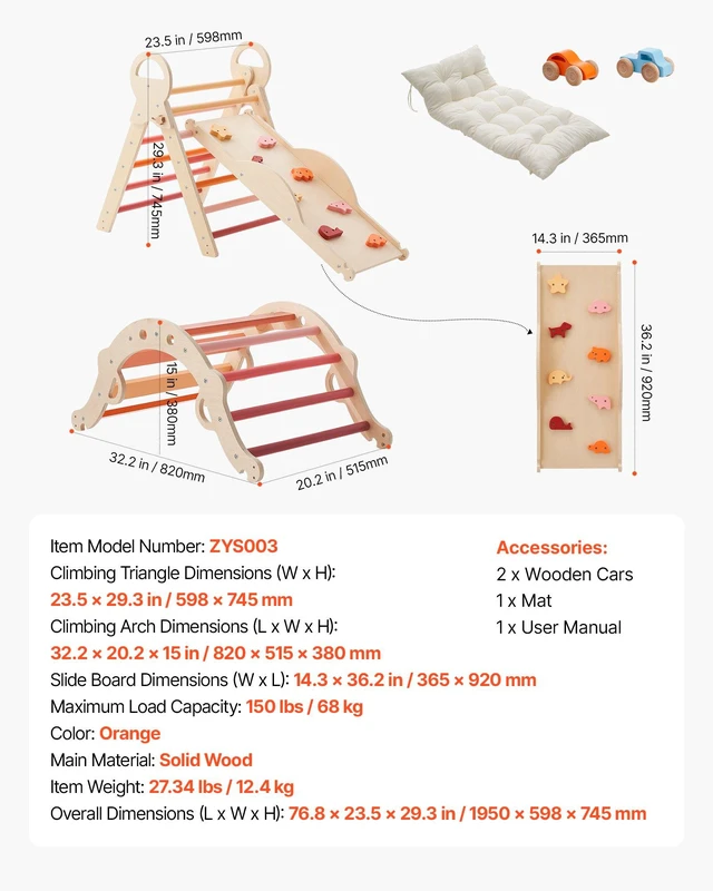 Alt view image 7 of 8 - VEVOR Pikler Triangle Set, 9-in-1 Toddler Climbing Toys Indoor, with 2 Wooden Cars, Cushion, Triangle, Arch, and Ramp, 150 lbs Load, Foldable Montessori Climbing Set for Toddlers and Kids, Orange