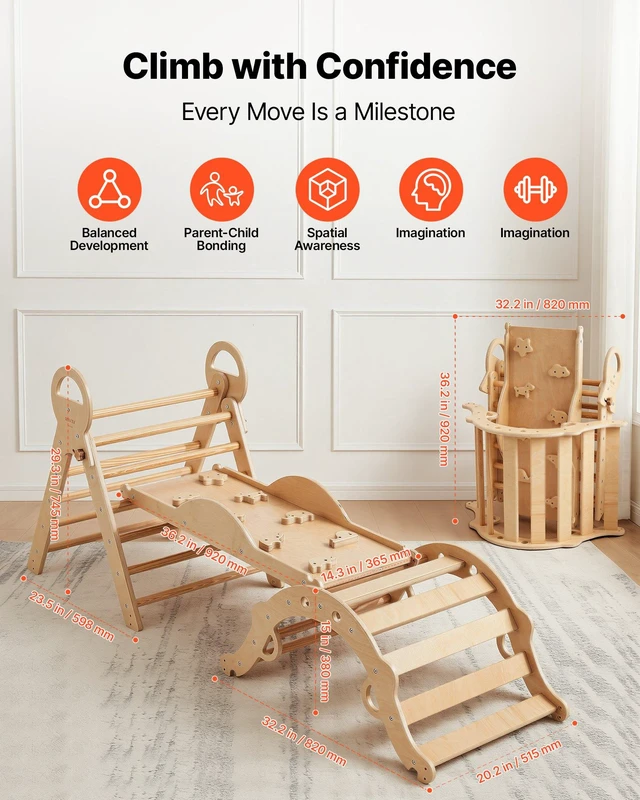 Alt view image 2 of 8 - VEVOR Pikler Triangle Set, 9-in-1 Toddler Climbing Toys Indoor, with 2 Wooden Cars, Cushion, Triangle, Arch, and Ramp, 150 lbs Load, Foldable Montessori Climbing Set for Toddlers and Kids, Wood Color