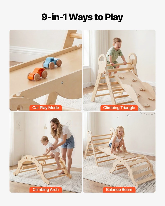 Alt view image 3 of 8 - VEVOR Pikler Triangle Set, 9-in-1 Toddler Climbing Toys Indoor, with 2 Wooden Cars, Cushion, Triangle, Arch, and Ramp, 150 lbs Load, Foldable Montessori Climbing Set for Toddlers and Kids, Wood Color