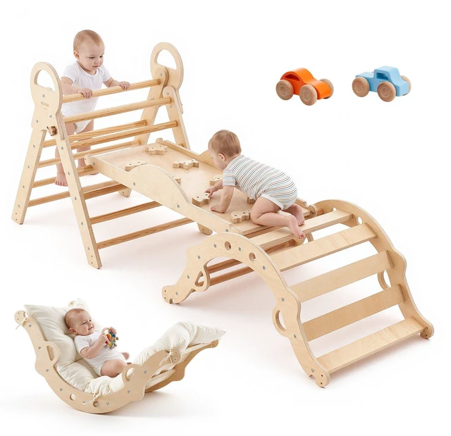 Main image of VEVOR Pikler Triangle Set, 9-in-1 Toddler Climbing Toys Indoor, with 2 Wooden Cars, Cushion, Triangle, Arch, and Ramp, 150 lbs Load, Foldable Montessori Climbing Set for Toddlers and Kids, Wood Color
