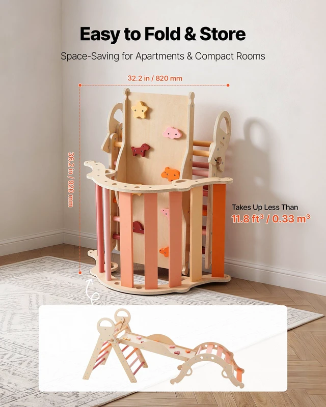 Alt view image 6 of 8 - VEVOR Pikler Triangle Set, 9-in-1 Toddler Climbing Toys Indoor, with 2 Wooden Cars, Cushion, Triangle, Arch, and Ramp, 150 lbs Load, Foldable Montessori Climbing Set for Toddlers and Kids, Orange