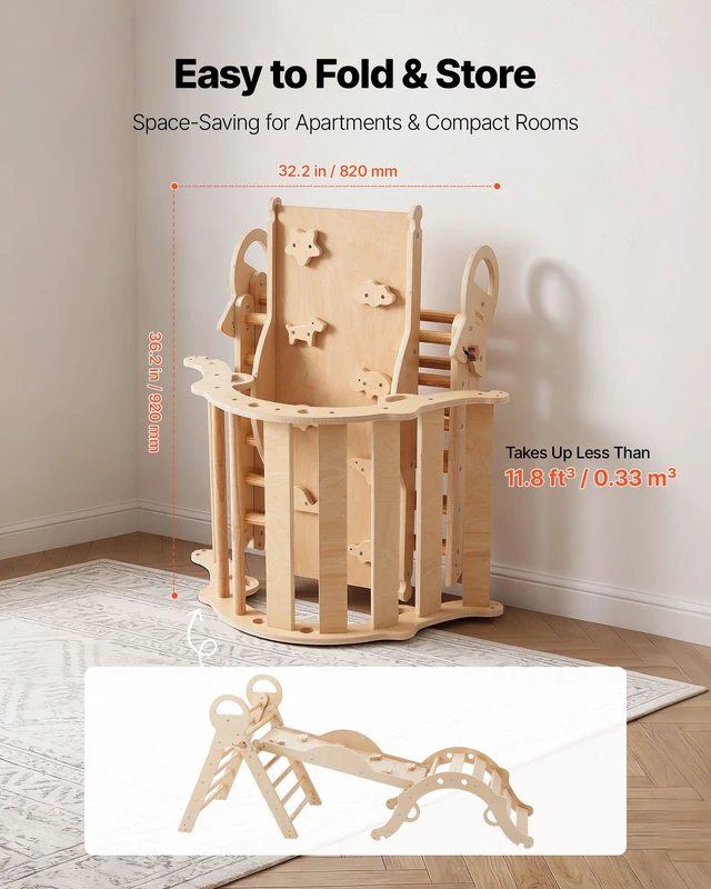 Alt view image 6 of 8 - VEVOR Pikler Triangle Set, 9-in-1 Toddler Climbing Toys Indoor, with 2 Wooden Cars, Cushion, Triangle, Arch, and Ramp, 150 lbs Load, Foldable Montessori Climbing Set for Toddlers and Kids, Wood Color