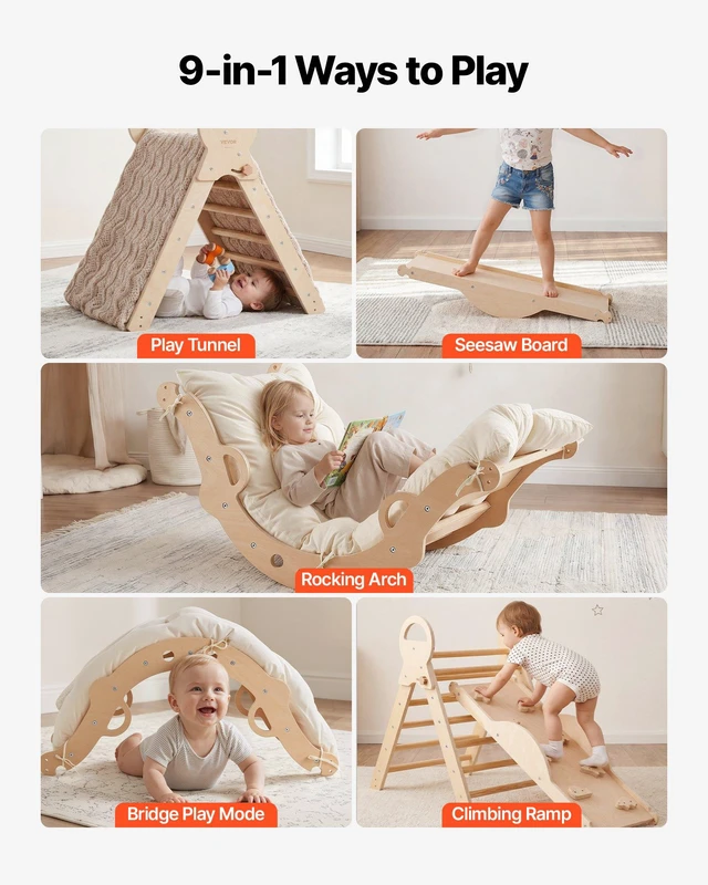 Alt view image 4 of 8 - VEVOR Pikler Triangle Set, 9-in-1 Toddler Climbing Toys Indoor, with 2 Wooden Cars, Cushion, Triangle, Arch, and Ramp, 150 lbs Load, Foldable Montessori Climbing Set for Toddlers and Kids, Wood Color