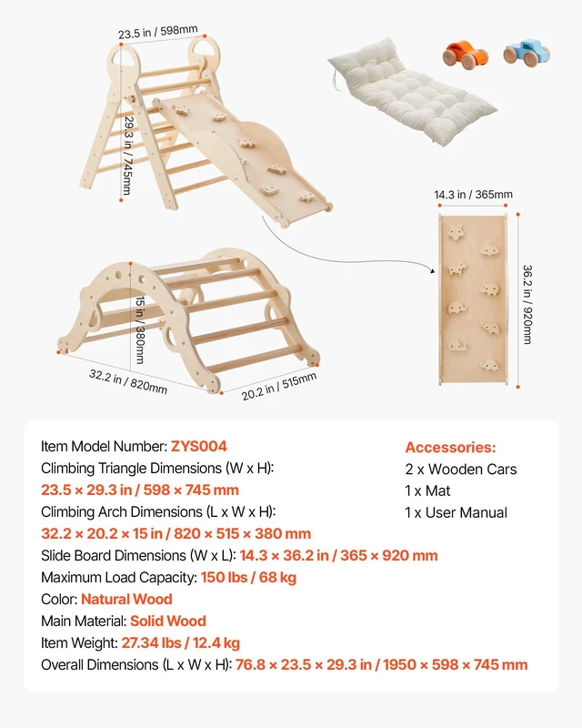 Alt view image 7 of 8 - VEVOR Pikler Triangle Set, 9-in-1 Toddler Climbing Toys Indoor, with 2 Wooden Cars, Cushion, Triangle, Arch, and Ramp, 150 lbs Load, Foldable Montessori Climbing Set for Toddlers and Kids, Wood Color