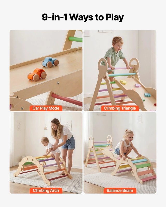 Alt view image 3 of 8 - VEVOR Pikler Triangle Set, 9-in-1 Toddler Climbing Toys Indoor, with 2 Wooden Cars, Cushion, Triangle, Arch, and Ramp, 150 lbs Load, Foldable Montessori Climbing Set for Toddlers and Kids, Rainbow
