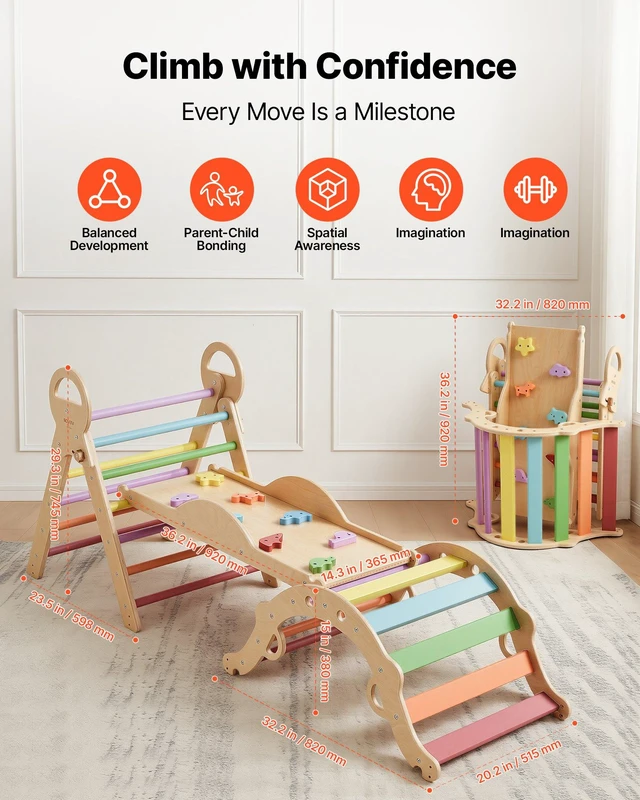 Alt view image 2 of 8 - VEVOR Pikler Triangle Set, 9-in-1 Toddler Climbing Toys Indoor, with 2 Wooden Cars, Cushion, Triangle, Arch, and Ramp, 150 lbs Load, Foldable Montessori Climbing Set for Toddlers and Kids, Rainbow