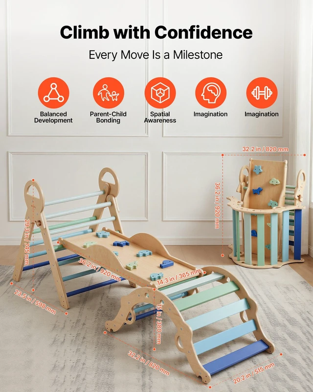 Alt view image 2 of 8 - VEVOR Pikler Triangle Set, 9-in-1 Toddler Climbing Toys Indoor, with 2 Wooden Cars, Cushion, Triangle, Arch, and Ramp, 150 lbs Load, Foldable Montessori Climbing Set for Toddlers and Kids, Blue
