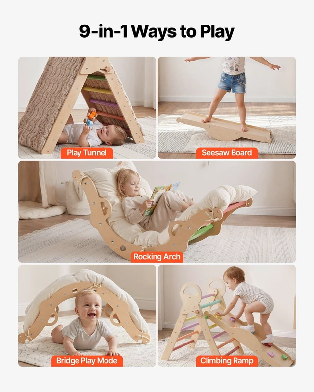 Alt view image 4 of 8 - VEVOR Pikler Triangle Set, 9-in-1 Toddler Climbing Toys Indoor, with 2 Wooden Cars, Cushion, Triangle, Arch, and Ramp, 150 lbs Load, Foldable Montessori Climbing Set for Toddlers and Kids, Rainbow