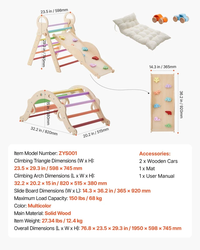 Alt view image 7 of 8 - VEVOR Pikler Triangle Set, 9-in-1 Toddler Climbing Toys Indoor, with 2 Wooden Cars, Cushion, Triangle, Arch, and Ramp, 150 lbs Load, Foldable Montessori Climbing Set for Toddlers and Kids, Rainbow