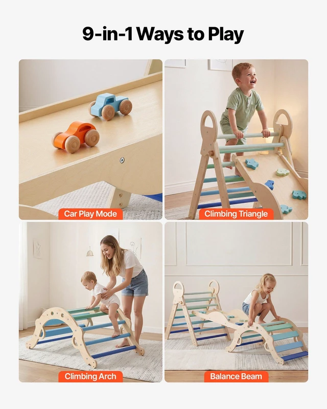 Alt view image 3 of 8 - VEVOR Pikler Triangle Set, 9-in-1 Toddler Climbing Toys Indoor, with 2 Wooden Cars, Cushion, Triangle, Arch, and Ramp, 150 lbs Load, Foldable Montessori Climbing Set for Toddlers and Kids, Blue
