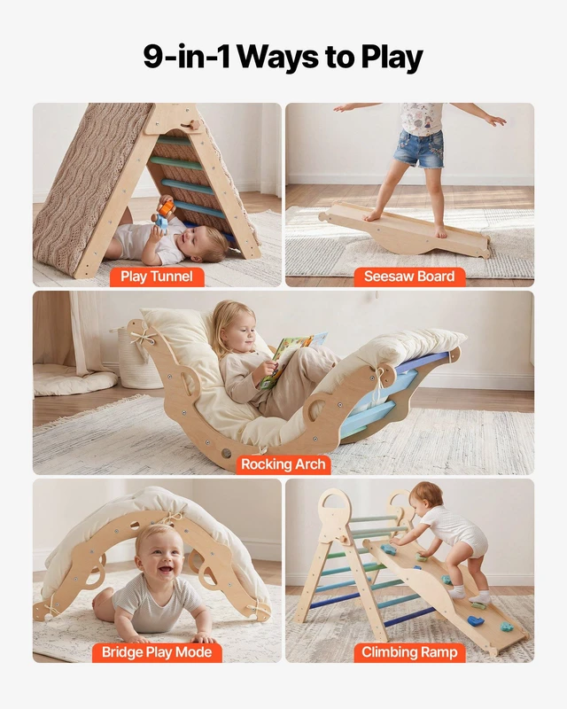 Alt view image 4 of 8 - VEVOR Pikler Triangle Set, 9-in-1 Toddler Climbing Toys Indoor, with 2 Wooden Cars, Cushion, Triangle, Arch, and Ramp, 150 lbs Load, Foldable Montessori Climbing Set for Toddlers and Kids, Blue