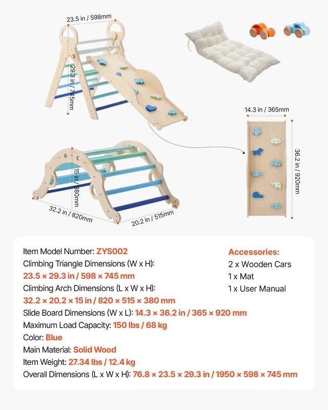Alt view image 7 of 8 - VEVOR Pikler Triangle Set, 9-in-1 Toddler Climbing Toys Indoor, with 2 Wooden Cars, Cushion, Triangle, Arch, and Ramp, 150 lbs Load, Foldable Montessori Climbing Set for Toddlers and Kids, Blue